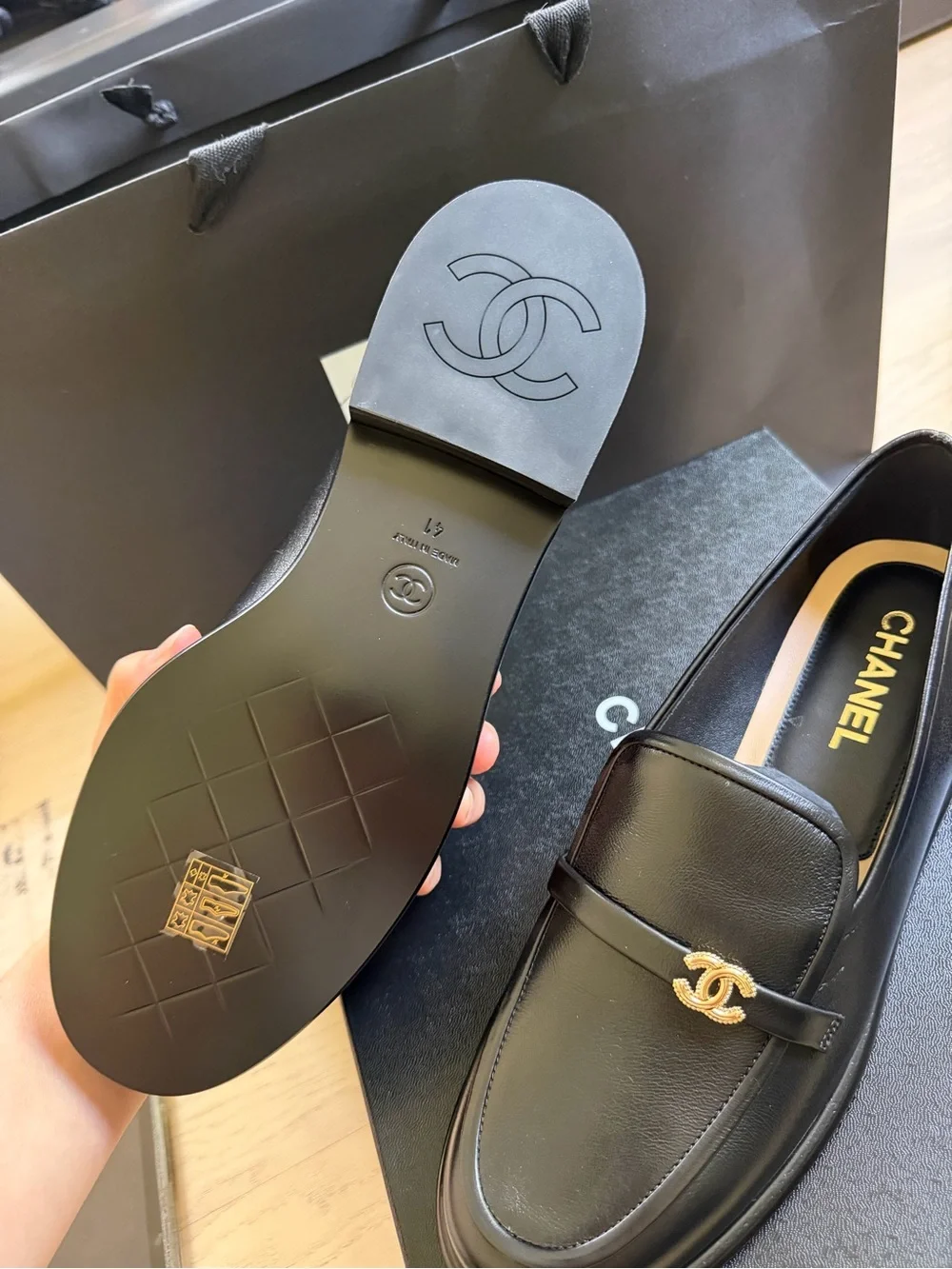 CHANEL Black Leather Women’s Loafers with Gold CC Hardware